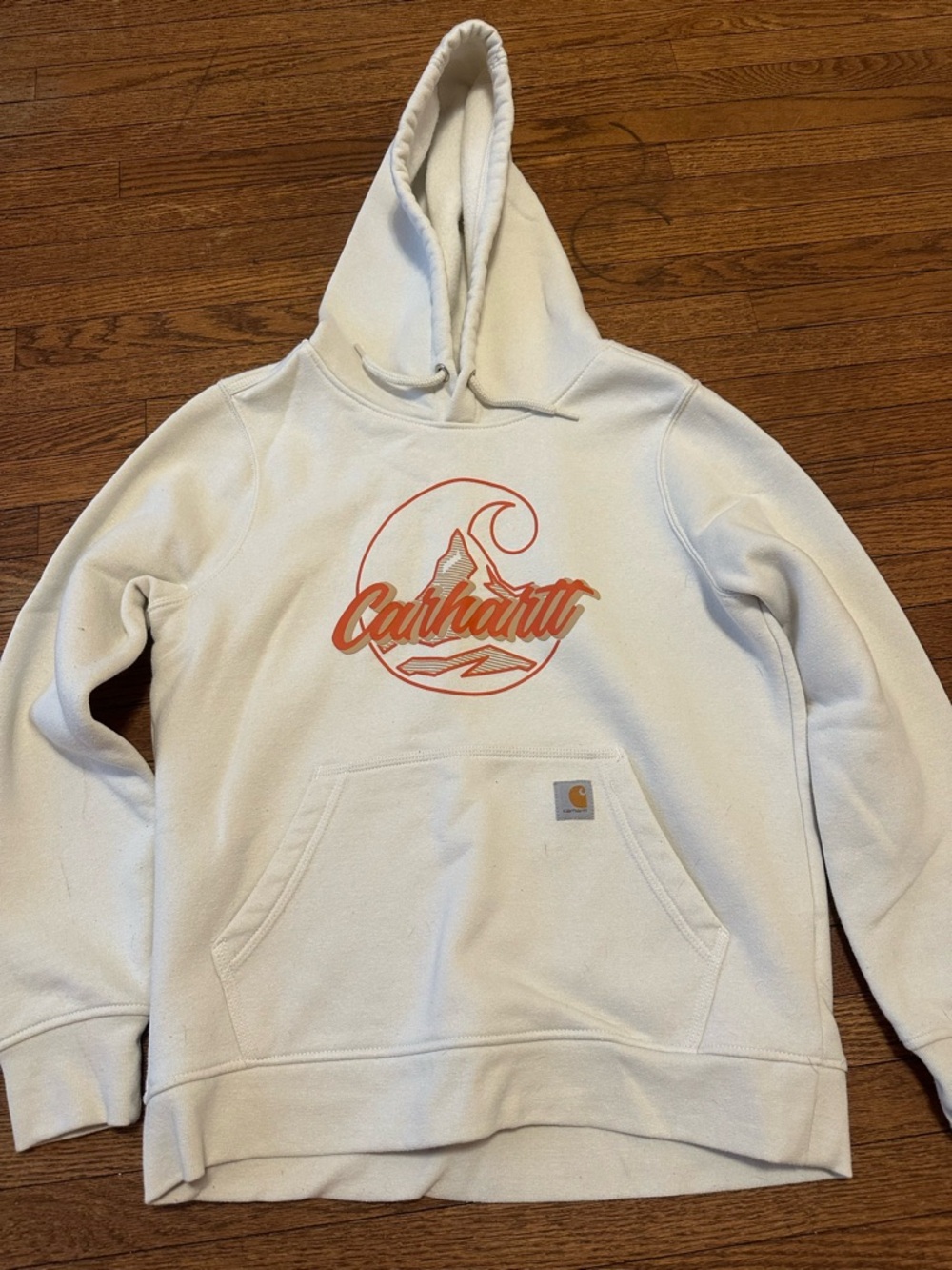 Carhartt White Hoodie with Orange Mountain Logo